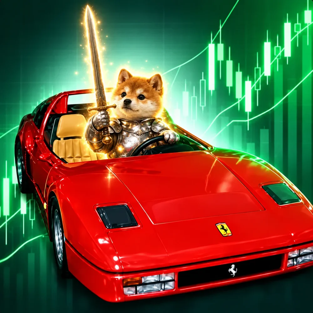 Sword RARINU — a shiba knight raising a golden sword from a red sports car in front of green candles